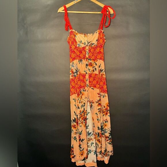 Free People Floral Red and Orange Maxi Dress Size 6 - Picture 1 of 8